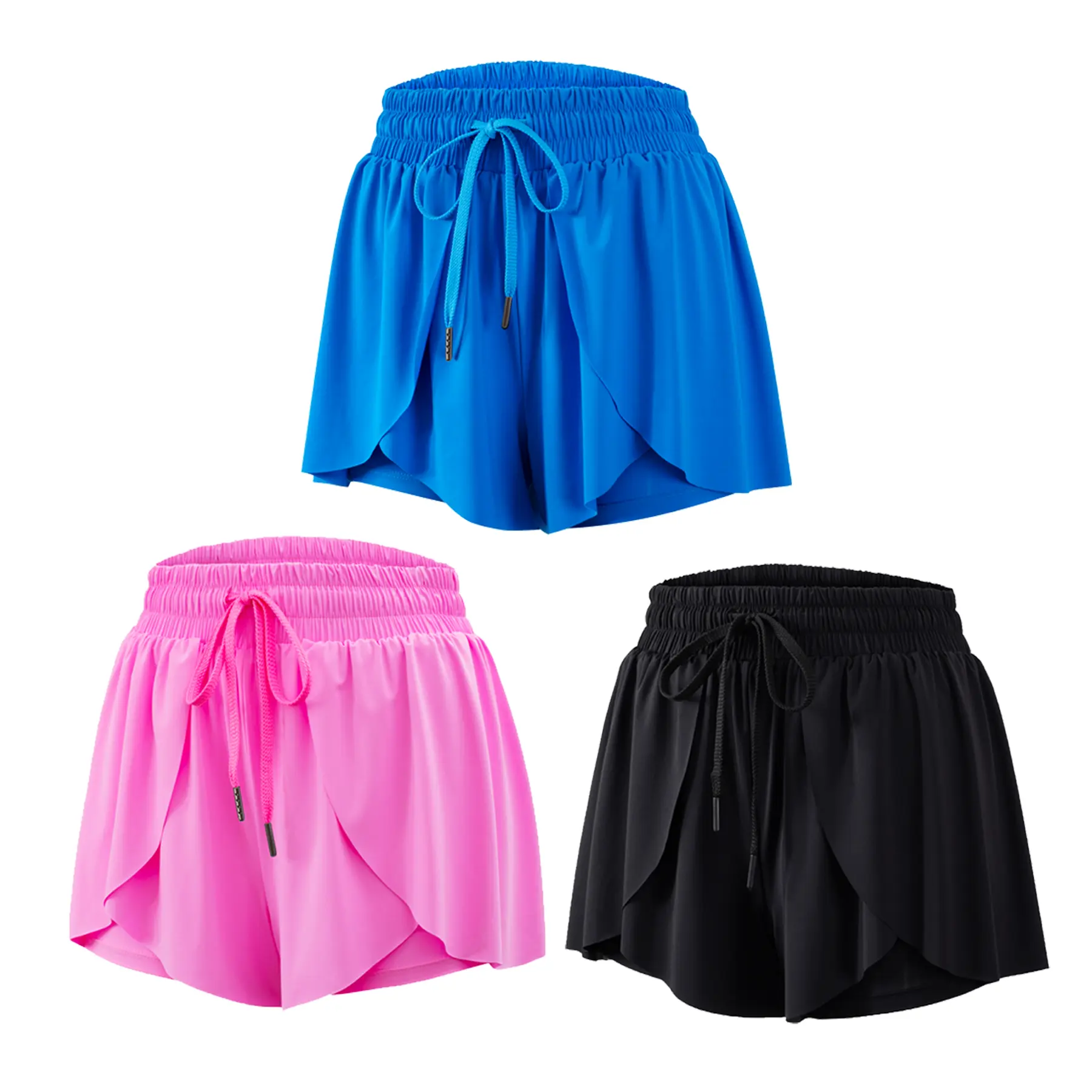 3Pcs/3Sets Women's Flowy Drawstring Athletic Sports Shorts, Casual Shirred High Waist shorts, Gym Butterfly Skirt , Sport & Outdoor Clothing for Yoga Workout Running, Women Workout Clothes, Gym Shorts for Women, Workout Shorts, Activewear