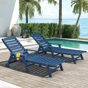 HDPE Outdoor Chaise Lounge Set of 2, 5-Position Adjustable Outdoor Lounger with Wheels & Cup Holder, 78.4'' Poly Lounge Chairs Furniture, HDPE Patio Lounge Chairs for Deck, Pool, Beach, Navy