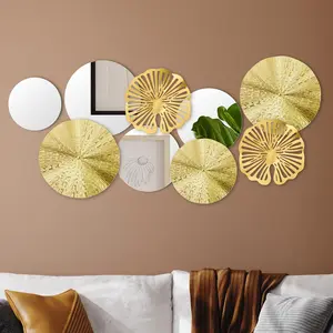 9 Pcs Circle Mirrors Metal Home Decor Wall Decorative Modern Round Accent Wall Art Sculpture Hanging Decorations for Living Room Office Bedroom Kitchen(Gold) Stickers Ornaments