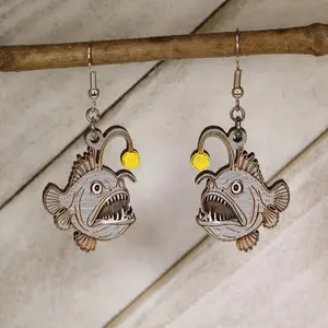 Anglerfish Wooden Earrings | Deep Sea Ocean Creature Jewelry