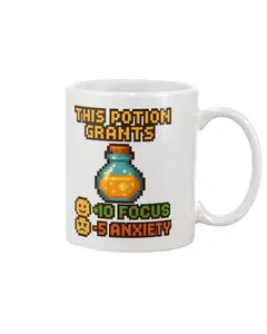 +10 Focus / -5 Anxiety Potion Mug – Pixel Gamer Coffee Cup ZPR