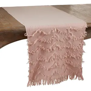 212 MAIN Oblong Chevron Print Cotton Table Runner - 16x72 in Oblong Shape, Rose Fringe, Casual Dining, Household & Kitchen Use with Playful Look