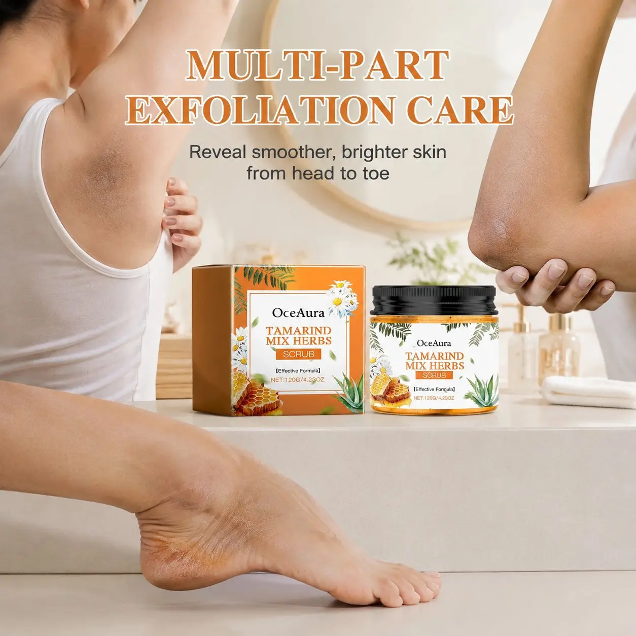 Tamarind Mix Herbs Body Scrub, Exfoliate Rough Skin for Underarms, Elbows, Feet, Reveal Smooth Bright Body Skin