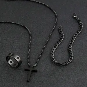 Onelike Men's Jewelry Three-Piece Set: Cross Necklace, Bracelet, and Cross Ring for Daily Decorative Wear