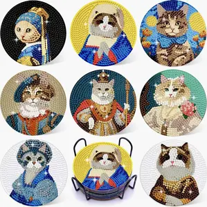 8PCs Diamond Painting Coaster Kits Set With Holder, Cat Diamond Art, Crafts DIY Funny Craft Diamond Dots Gift