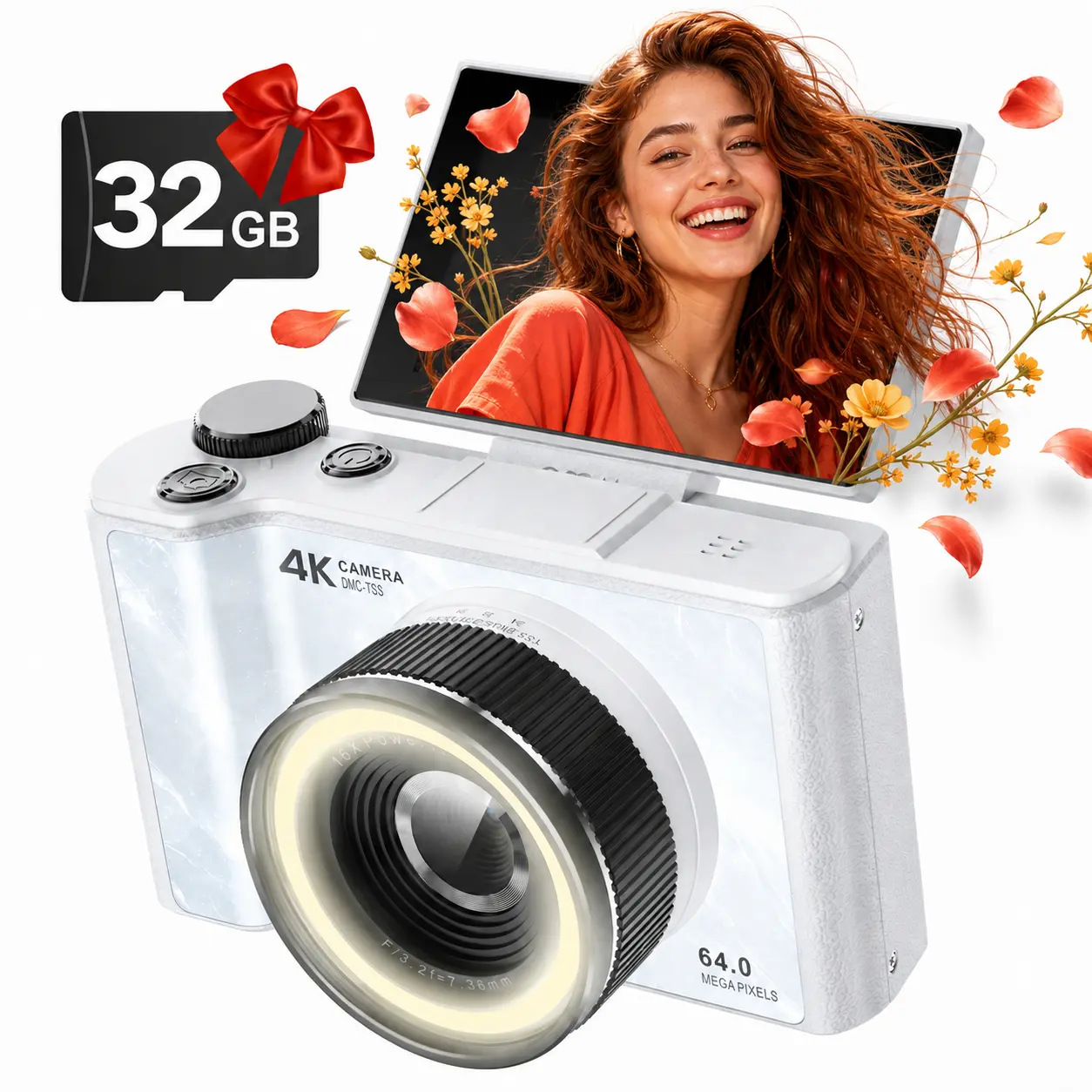 W&O 4K Digital Camera for Photography, Vlogging Camera with Fill Light, 180° Flip Screen, 48MP 16X Digital Zoom, 32GB Card, Compact Point and Shoot Camera for Students, Women and Beginners, Christmas Gift