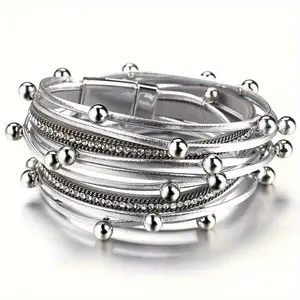 Multi-Layer Silver Cuff Bracelet for Women, Crystal & Ball Accented Crossed Design, Adjustable Tarnish Resistant Modern Statement Jewelry for Daily/Party Wear