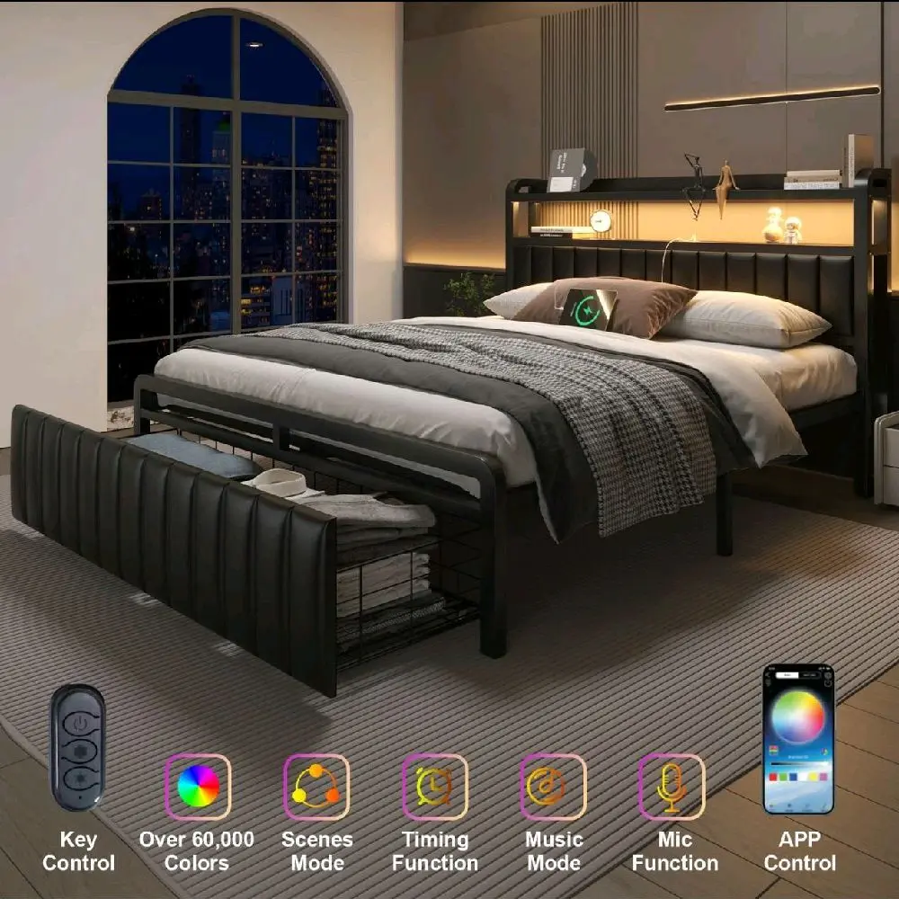 Full Queen Metal Bed Frame with Storage Drawers & Upholstered Storage Headboard