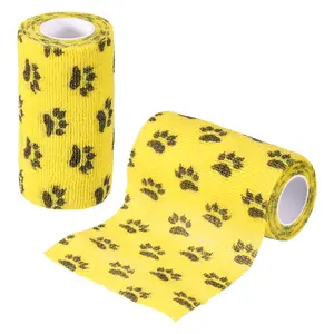 PETAXCELL Pet Wrap Bandages, 4 Inch 5 Yard Self Adhesive Bandage Wrap, Pet Non-Woven Tape First Aid Cohesive Gauze, (Yellow/Paw, 2pcs) / Intended for Dog/Cat/Bird/Legs/Paws/Wound