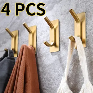 4PCS Adhesive Hooks Bath Towel Hook Robe Hook for Bathroom Kitchen Wall Mount SUS 304 Stainless Steel Brushed Gold Storage Rack (Max loading : 23 lb)