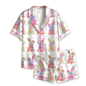 Women's Coquette Easter Bunny Short Sleeve Satin Pajama Set, Chinoiserie Easter Sleepwear