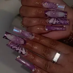 Bubble Nailaart | Purple 3D Hibiscus Flower Square Nails | Chrome Swirl Glitter | Gyaru Y2K McBling Press Ons | Fairycore Tropical Summer Design