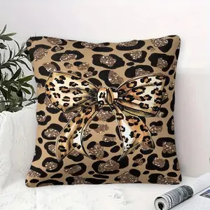 Leopard Print Throw Pillow with Digital Print, Decorative Tan and Black Bow Design, Glossy Metallic Finish, Home Decor, Bedroom Decorative Accessories, Accent Cushion for Living Room, Bedroom, 45cm Square with Inner Cushion