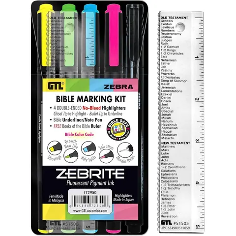 G.T. Luscombe Company, Inc. Zebrite Bible Marking Kit | No Bleed Pigmented Ink | No Fading or Smearing | Double Ended Highlighters, Note Pen & Books of the Bible Ruler/Bookmark (Set of 5 + Ruler)