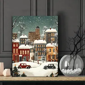 Vintage Christmas Town Winter Scene with Wooden Frame - Snowy Holiday Houses & Suitable for Xmas, Weddings, Anniversaries - Wrapped Canvas Frame 29.97cm x15.7cm (11.75"x6.125") - Nostalgic European Cityscape for /Outdoor Décor,	