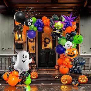 160pc Halloween Balloon Garland Arch Kit Orange Black Purple green balloons with Spooky Spider, Bat, Pumpkin Balloons for Halloween Party Decorations