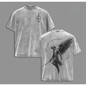 Sanctus Michael Archangelus x Flaming Sword x Shield x Scales of Justice Archangel Michael T-Shirt Washed Church Outfit Gym Pump Cover ,Christian Religious , Jesus Apparel Unisex 100% Cotton T-shirt