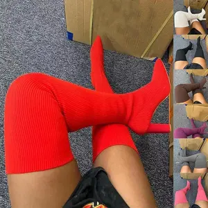 Knee high boots with pointed toes and high heels, elastic knitted shoes for women's winter boots, rubber soles for wearing