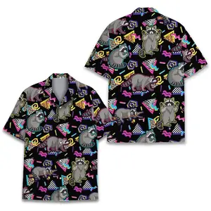 Retro Raccoon Hawaiian Shirt Menswear, Funny Aloha Tops Summer Outfit Men, Casual Shortsleeve Classic Tropical Polyester Stylish Streetwear