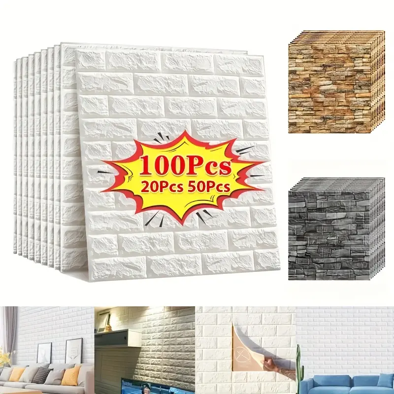 20/50/100pcs 3D Wall Tile Stickers, Foam Self-Adhesive Ceiling Tiles, Interior Walls, Easy to Stick and Remove, Clean and Cut Freely, Kitchen Living Room Bathroom Corridor
