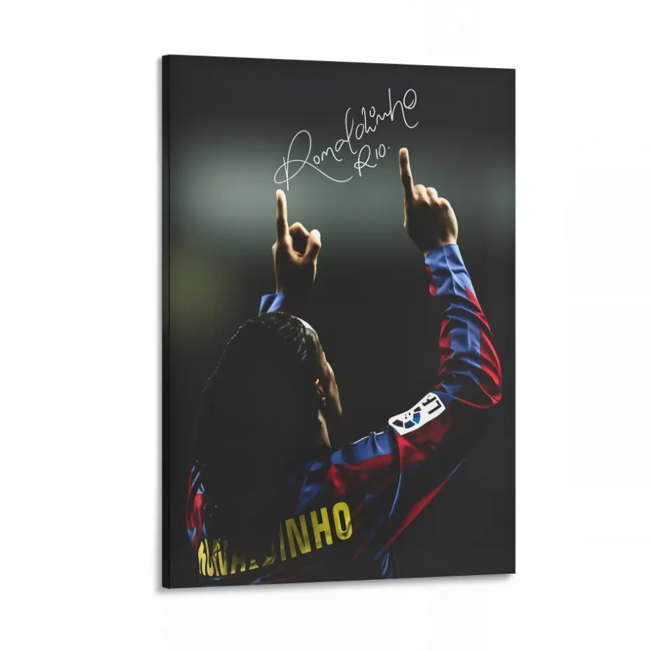 Ronaldinho Autographed Framed Canvas Print-Poster - Football Star Celebrity Collectible, Frame-Style Home Decor Wall Art, Room Accessories for Display in Home Spaces