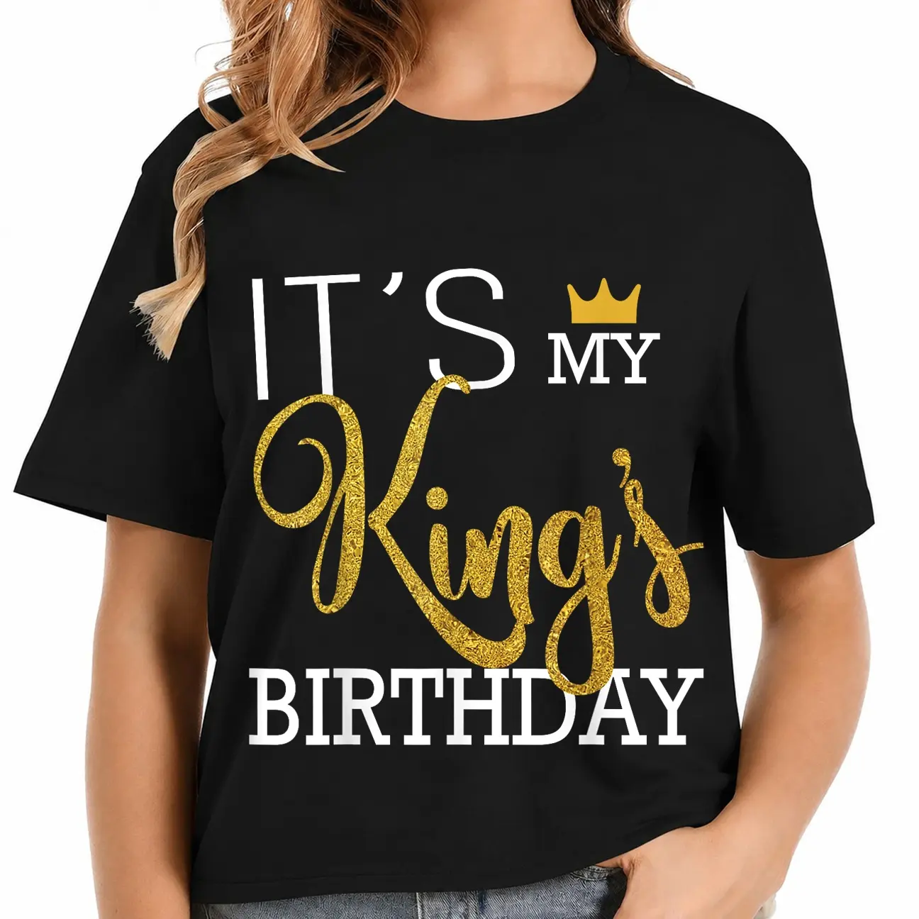 Couples Graphic T-Shirt with "It's My King's Birthday" Print, Casual 100% Cotton Short Sleeve Round Neck Top for Everyday Streetwear, Shortsleeve, Tshirt, Birthday Theme, Graphic Print, Pure Cotton, Couple Outfits