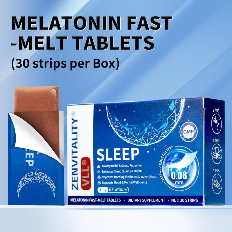 VLL Melatonin Fast-Melt Sleep Oral Strips – 5mg Melatonin Sleep Support | With L-Tryptophan, B6, B5, GABA | Sugar-Free | Blueberry Flavor | 30-Day Supply