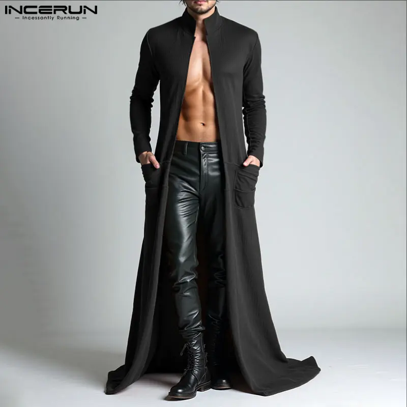 INCERUN Men's Retro Floor-Length Duster Cardigan, Textured Open-Front Style with Stand Collar, Gay Nightclub Fashion