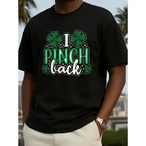 Men'S St. Patrick'S Day T-Shirt - Funny Irish Saying "I'm Pinch Back" with Shamrock Design, Lightweight Short Sleeve Casual Shirt for Parades & Parties - Green Print on Black, All-Season Adult Apparel