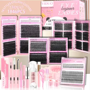 YIDUO Lash Clusters Kit Gift Packs Eyelash Set 1846Pcs Mix Styles Lash Clusters Kit, Volume/ Mega/ Full/Spikes/Bottom Eyelash Clusters Extensions Kit With Bond and Seal makeup tools for Beginners and Proficient, DIY at Home