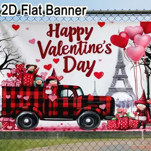 2D flat banner, 1pcValentine’s Day Vintage Truck Scene Backdrop, Festive Red Black Checkered Truck Heart Decorations & Eiffel Tower Banner for Romantic Party Decor
