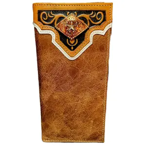 Star Western Genuine Leather Wallet Handtooled Bi-Fold 7 Inches Long with 13 Credit Card Slots, 4 Cash Compartments & Back Pocket brown and teal