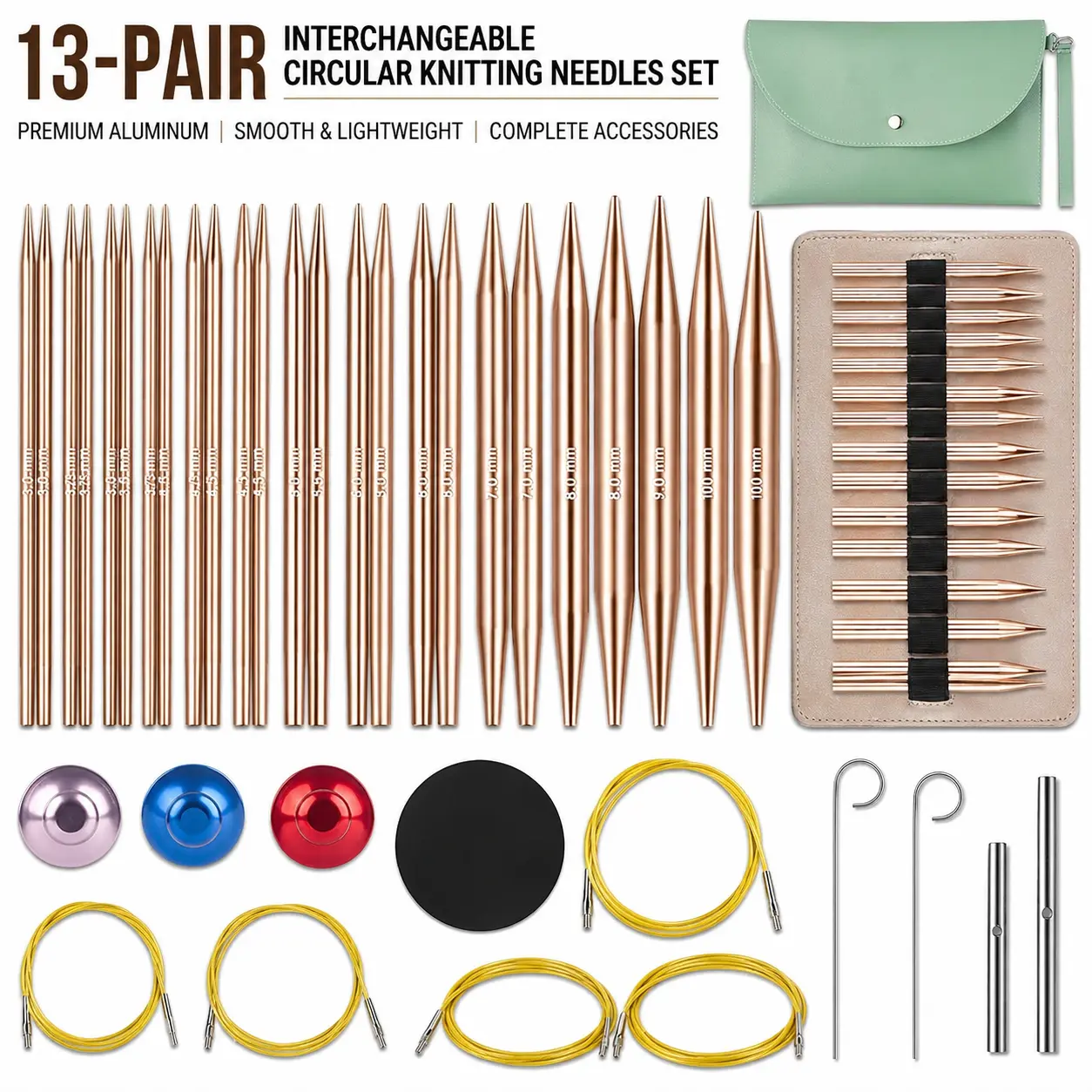 Interchangeable Circular Knitting Needles Set, 13-Pair Beginner-Friendly Rose Gold Plated Aluminum Alloy Kit with 360° Swivel Cables, 2 Cable Keys & Storage Pouch for Blankets & Baby Rompers, 13 Pairs Of Needles, 13 Sizes