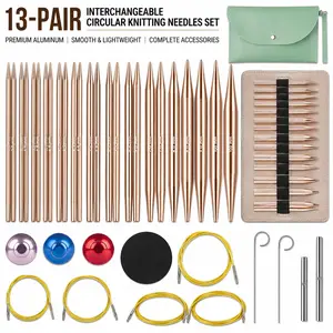 13-Pair Interchangeable Circular Knitting Needles Set – Premium Aluminum Rose Gold Knitting Needles with Cables & Accessories