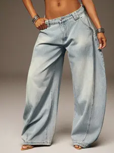Women's High Waist Barrel Jeans, Vintage Wash Baggy Horseshoe Denim Pants, Casual Loose Fit Curved Leg Trousers, Y2K Streetwear