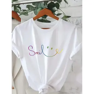 Women's White Graphic Smile Print Round Neck Short Sleeve Casual Summer T-Shirt,summervibes