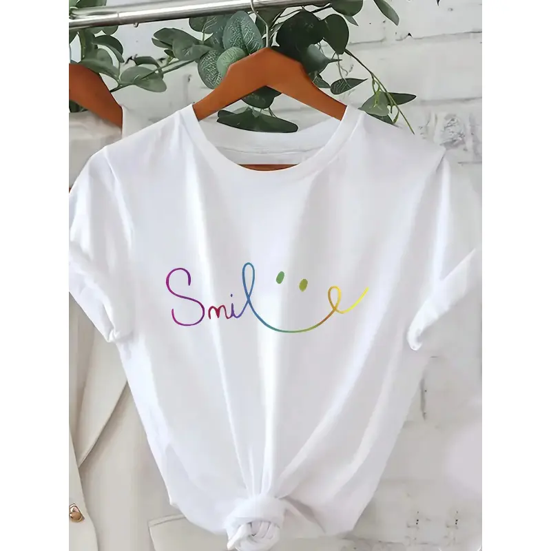 Women's Shortsleeve Graphic T-Shirt with Colorful Smile Print, Regular Fit Streetwear Top with Positive Uplifting Design for Summer, Women's Clothes, Round Neck, Tshirt, Casual Chic Top, Lady, Positive Vibes, Everyday Positive Fashion