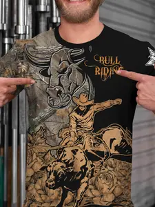 Men's Riding Bull T-Shirt, Streetwear Menswear Fun Competition Cowboy 3D Full Print Casual Short Sleeve Shirt, Unique Gift for Men and Women