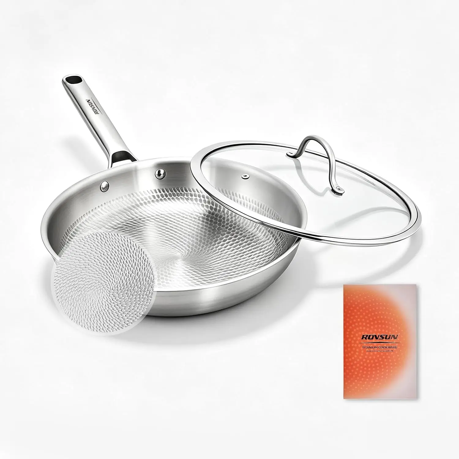 ROVSUN 12 Inch Titanium Pan, Hammered Frying Pan&Wok, Skillet with Lid for Cooking, Non-Toxic Kitchen Cookware, PFOA & PTFE Free, Oven & Dishwasher Safe, Compatible for All Cooktops