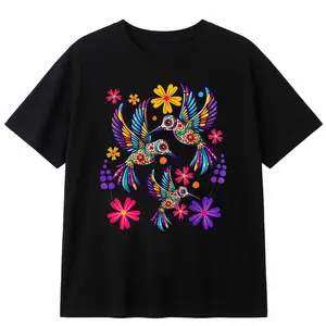 Unisex Hummingbird Colorful Mexican Flowers Bird Floral Nature T-Shirt,Unisex Crewneck T-shirt for Men And Women