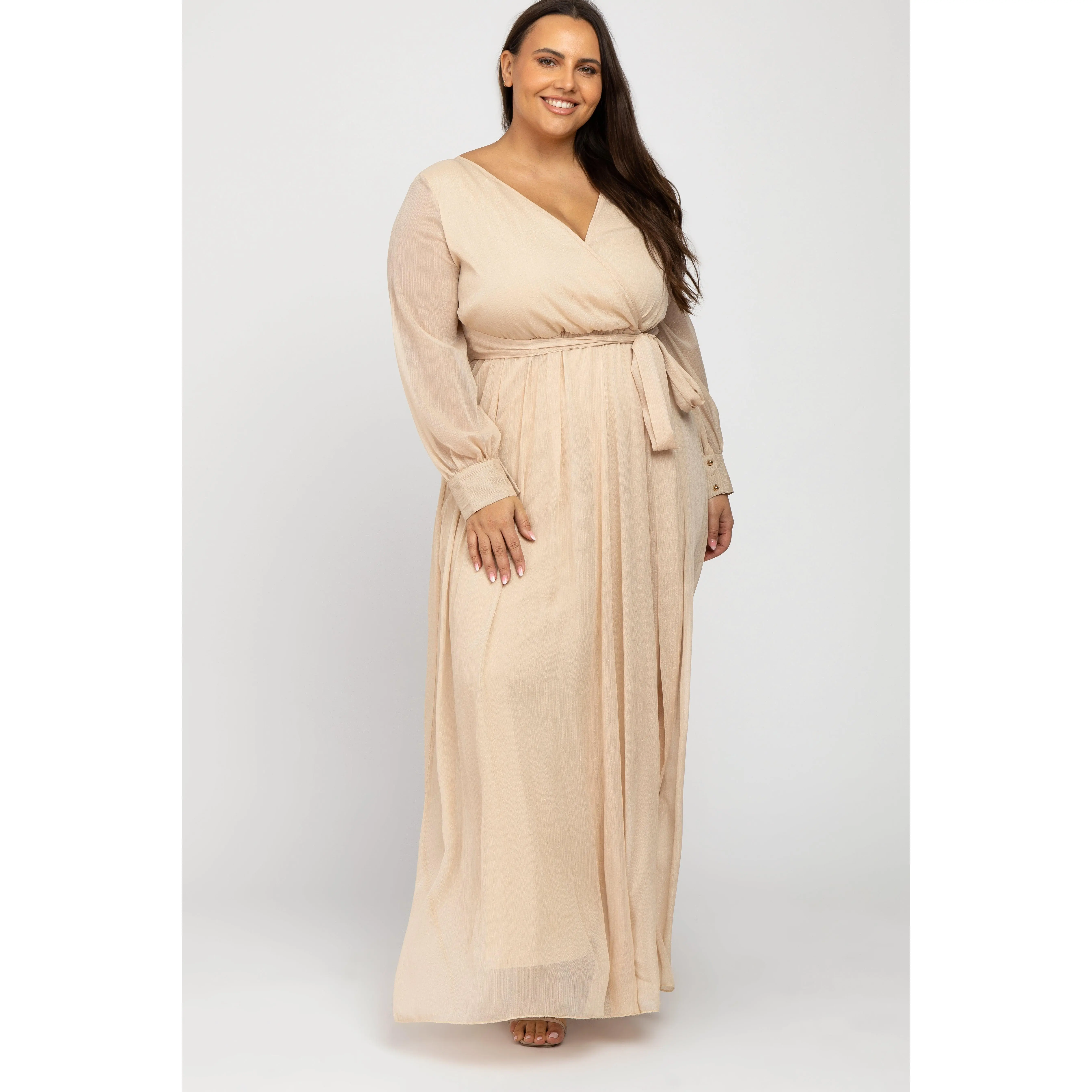 Cream Metallic Chiffon Plus Maxi Dress