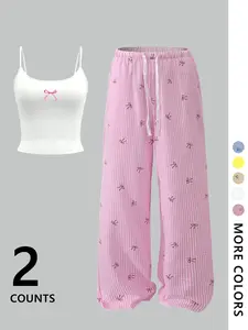 Two-piece Set Women's Bow Print Cami Top & Bow Print Pants, Casual Comfy Cami Top & Trousers Set, Ladies Clothes  for All Seasons