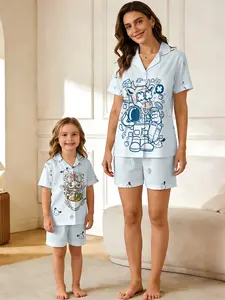 Blue Space Cow Ramen Parent-Child Pajamas, Pac Dog Collaboration, Mother-Daughter Matching, Super Cute, Casual Sleepwear
