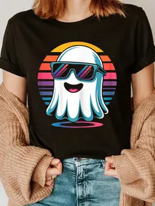 100% cotton Cool Retro Ghost in Sunglasses – Halloween Vaporwave Vibes T-Shirt Print Crew Neck Casual T-shirt short Sleeve Sports Top, Smart Casual/street Style Women's Clothing
