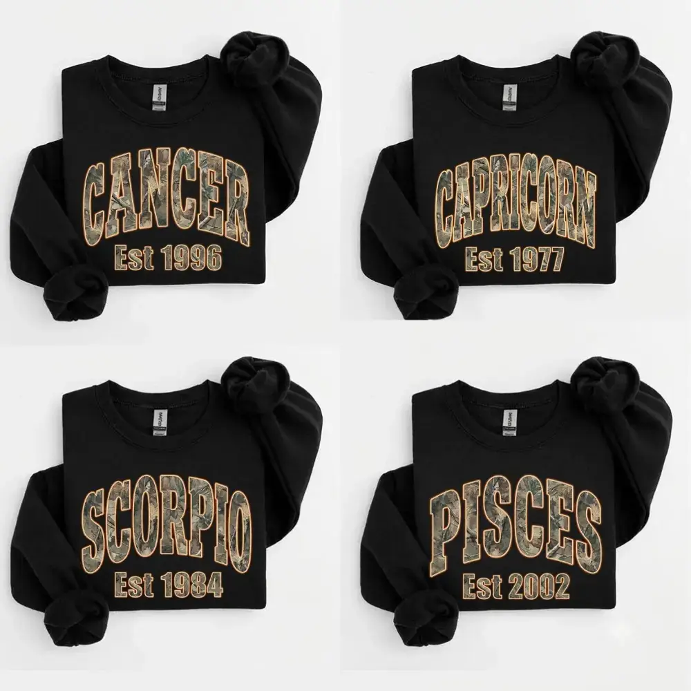 (Leave Add Note or DM our Shop) Custom Camo Zodiac Sweatshirt with Est Year, BLACK color Personalized Astrology Varsity Crewneck, Birth Year Star Sign Gift, Unisex Horoscope Sweatshirt, Personalized Zodiac Energy Gift for Birthday - TrendWear USA