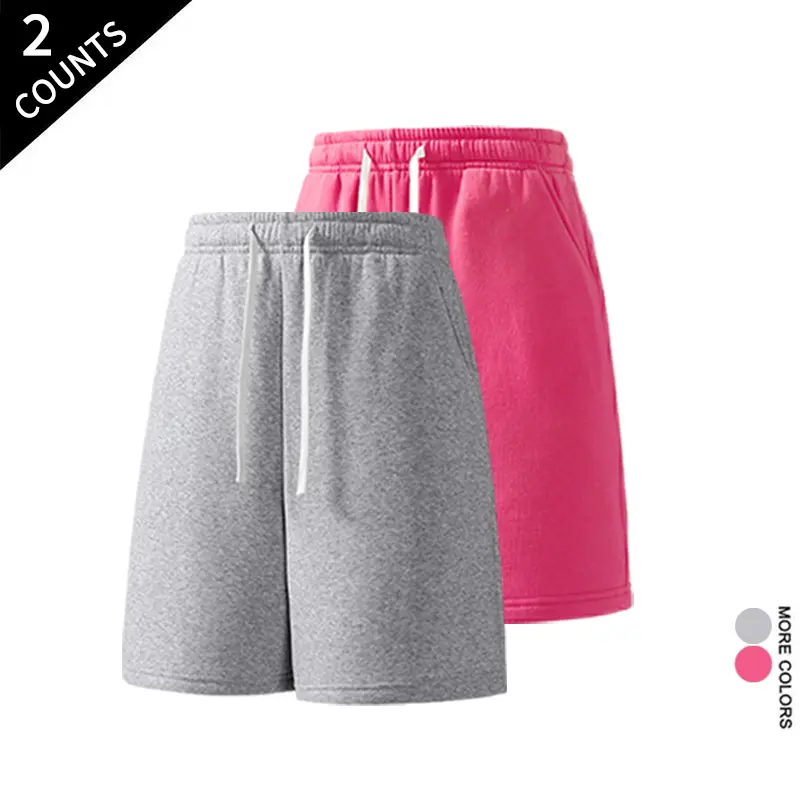 2-pack essential athletic shorts—gray and rose red drawstring shorts, wardrobe basics for casual home wear