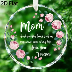 Mom Quote Glass Ornament, "Thank You For Being An Important Piece Of My Life" 2D Flat Faceted Glass Hanging Decoration with Pink Roses, Sentimental Mother's Day & Birthday Gift, Decor Items