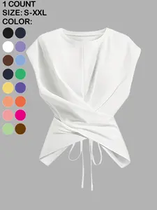 Women's Elegant Solid Color Criss-Cross Tie Neck T-Shirt, Sleeveless Loose Fit Casual Top for All Seasons, Stylish Daily Wear