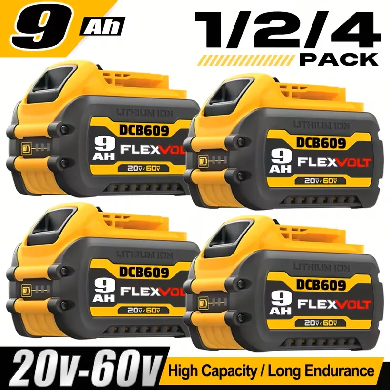 20/60Volt DCB609 1/2/4 Pack 9.0Ah Lithium-Ion Battery for Dewalt Flexvolt Tools Extended Runtime Smart Protection LED Status Check Father‘s Day