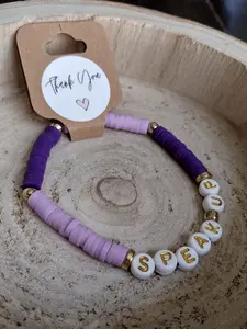 Women's Worded Clay Beaded Bracelet - Purple and Gold Tones